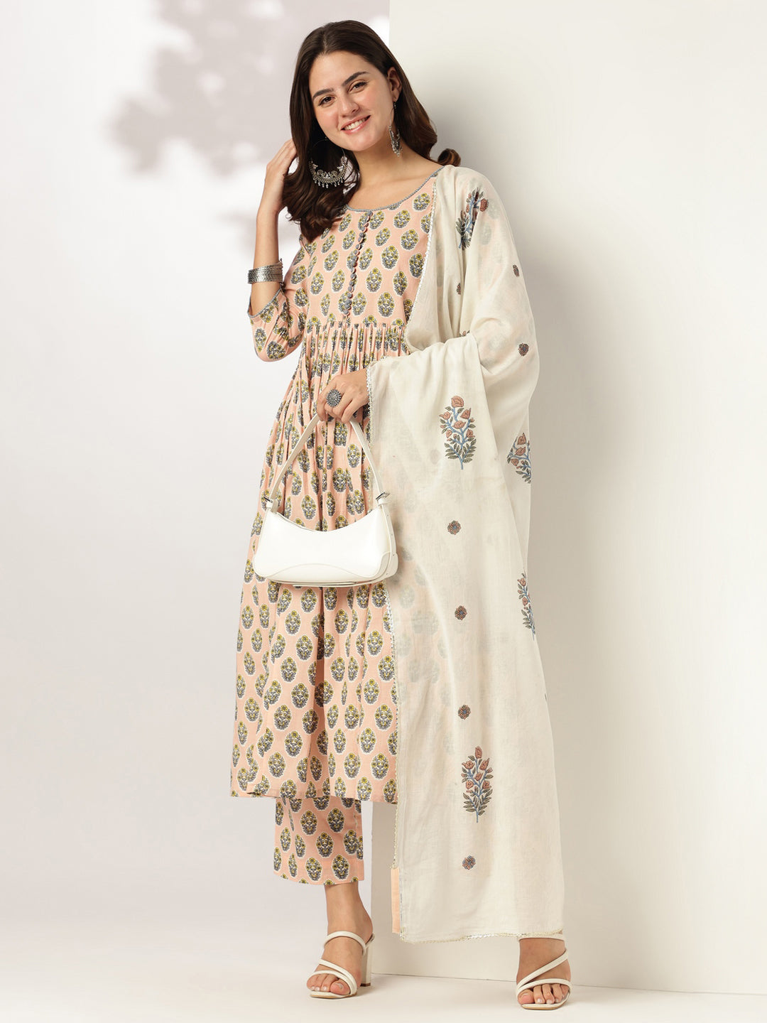 Janasya Light Cotton Floral A-Line Kurta Set 