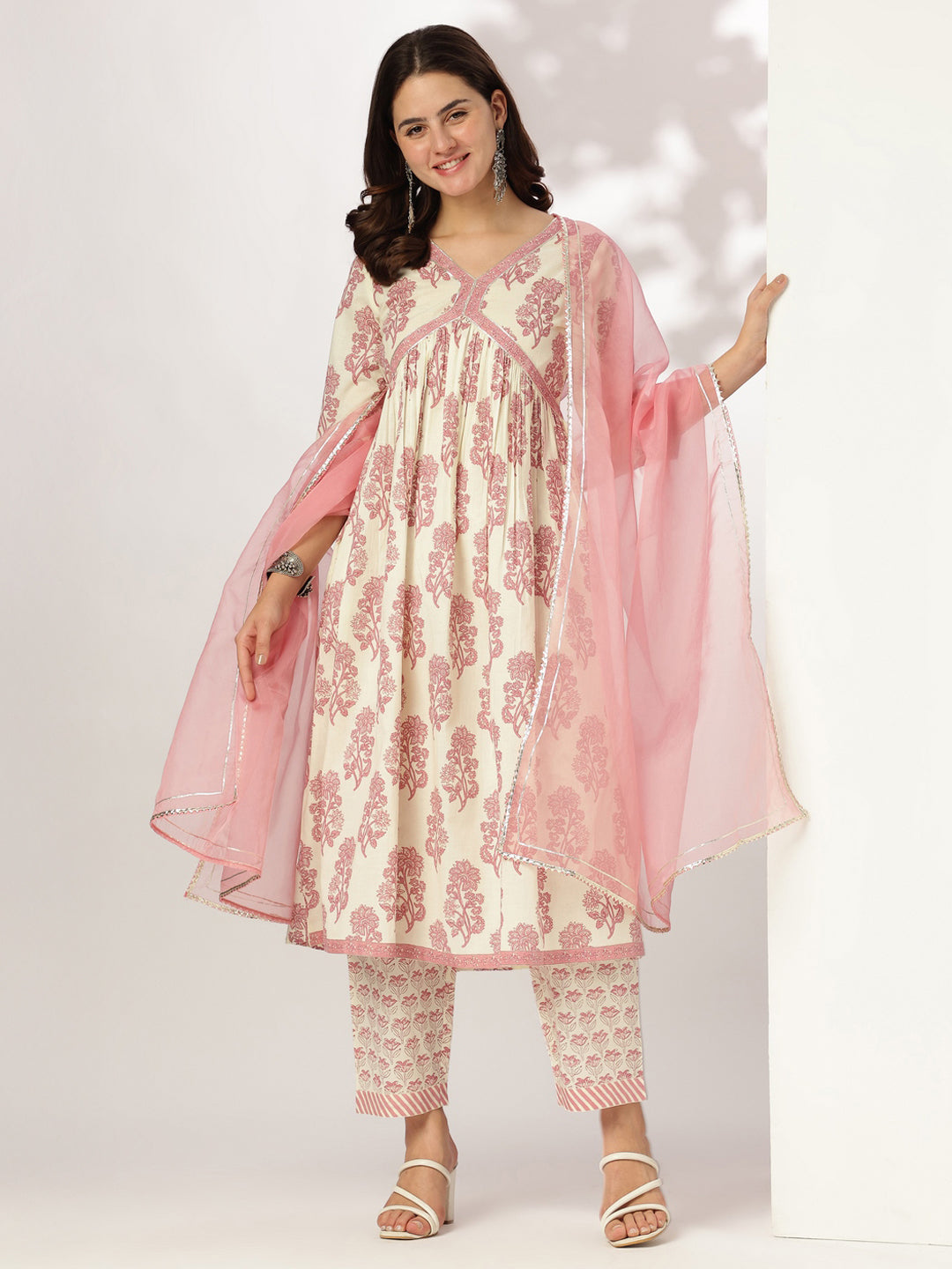 Janasya Light Cotton Floral A-Line Kurta Set 