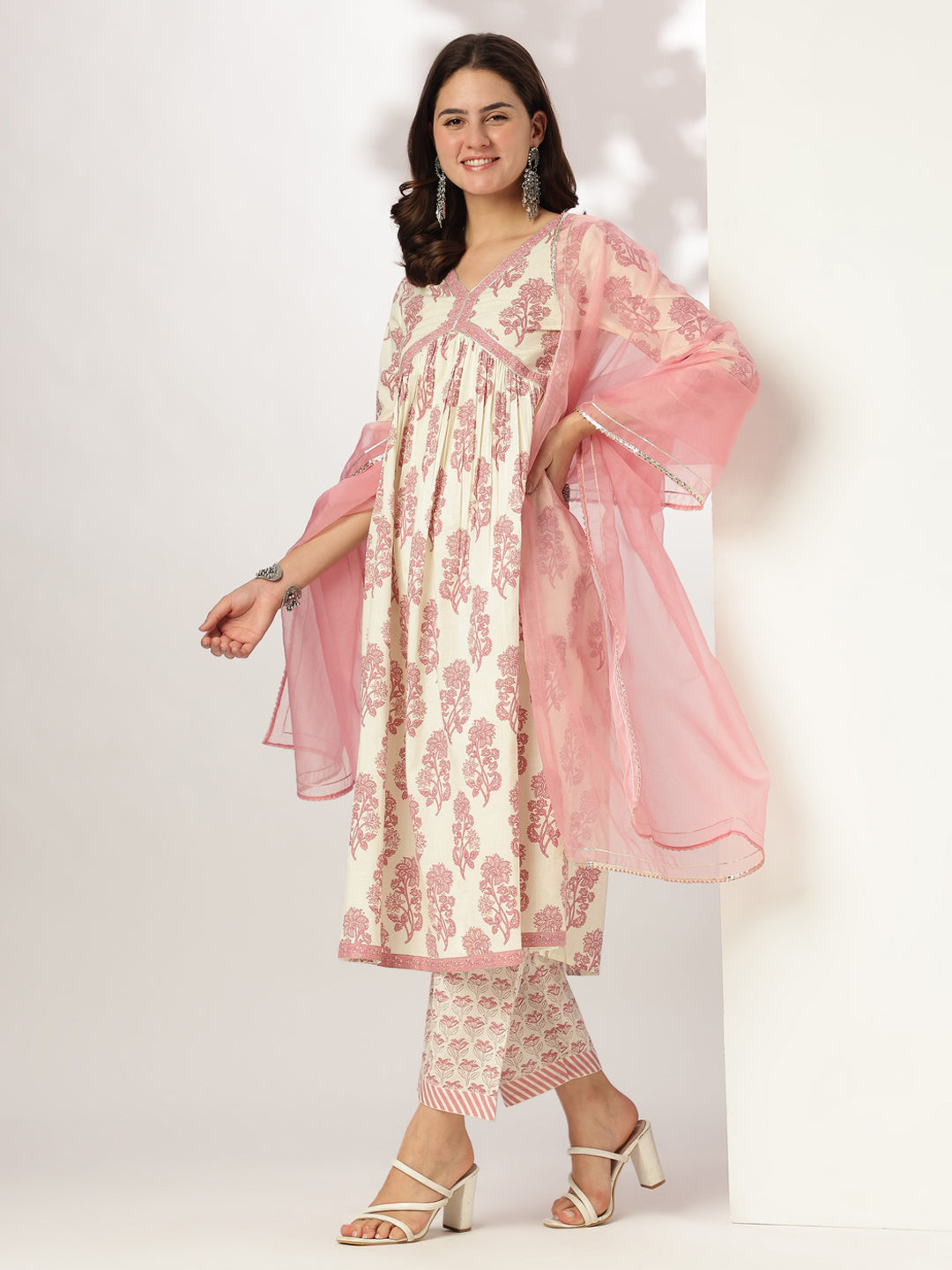 Janasya Light Cotton Floral A-Line Kurta Set 