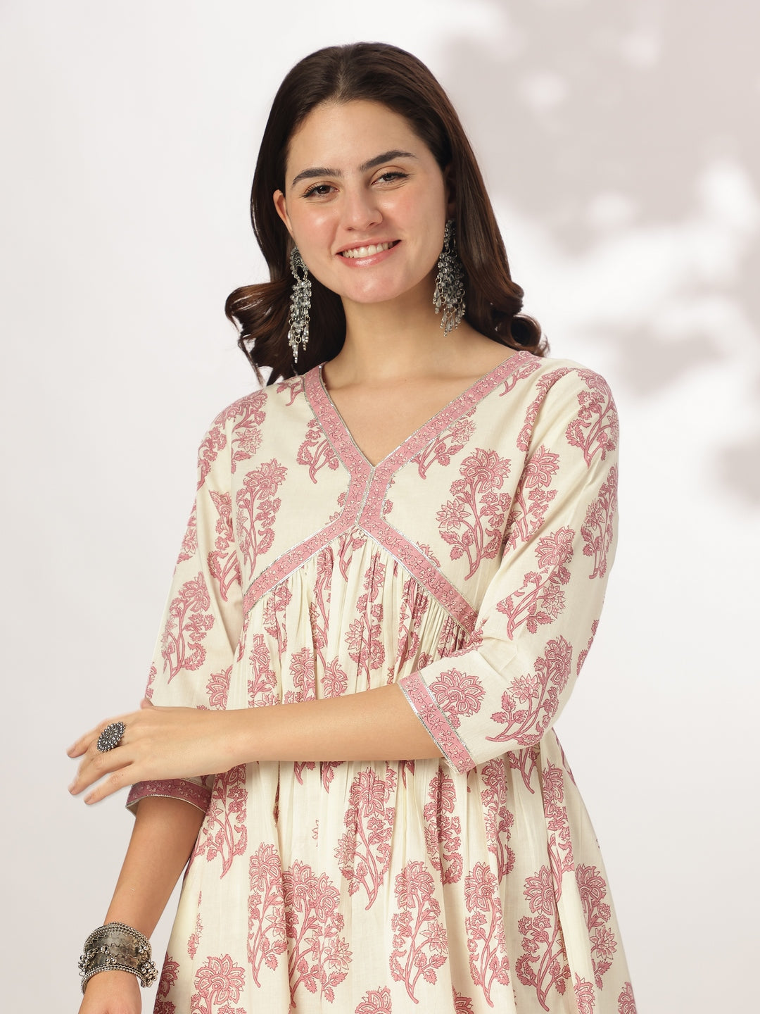 Janasya Light Cotton Floral A-Line Kurta Set 
