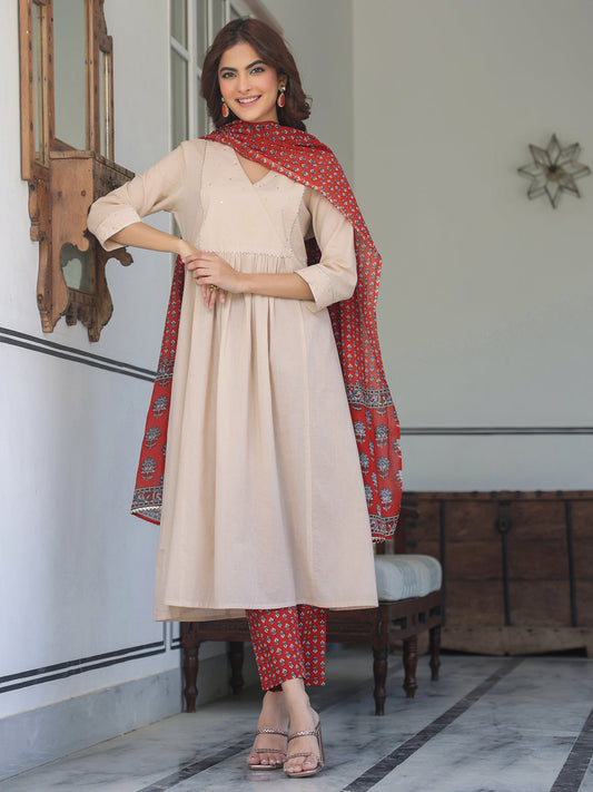 Janasya Light Cotton Solid A-Line Kurta Set 