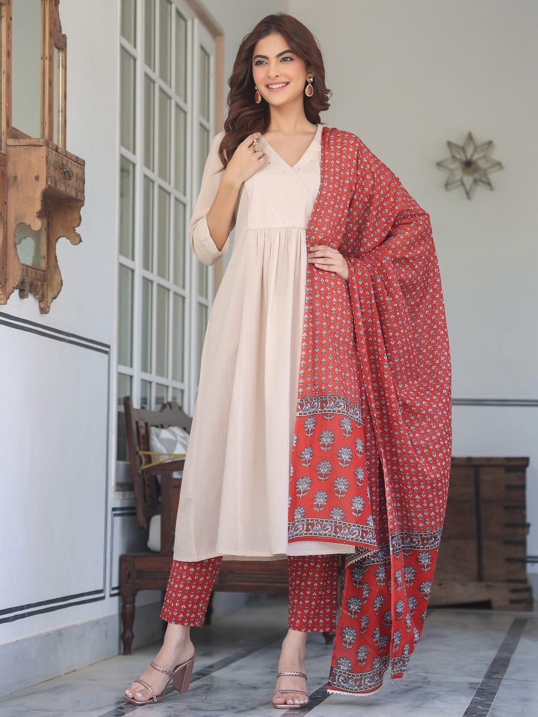 Janasya Light Cotton Solid A-Line Kurta Set 