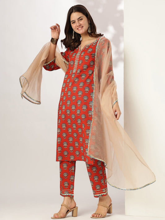 Janasya Bright Cotton Floral Straight Kurta Set 