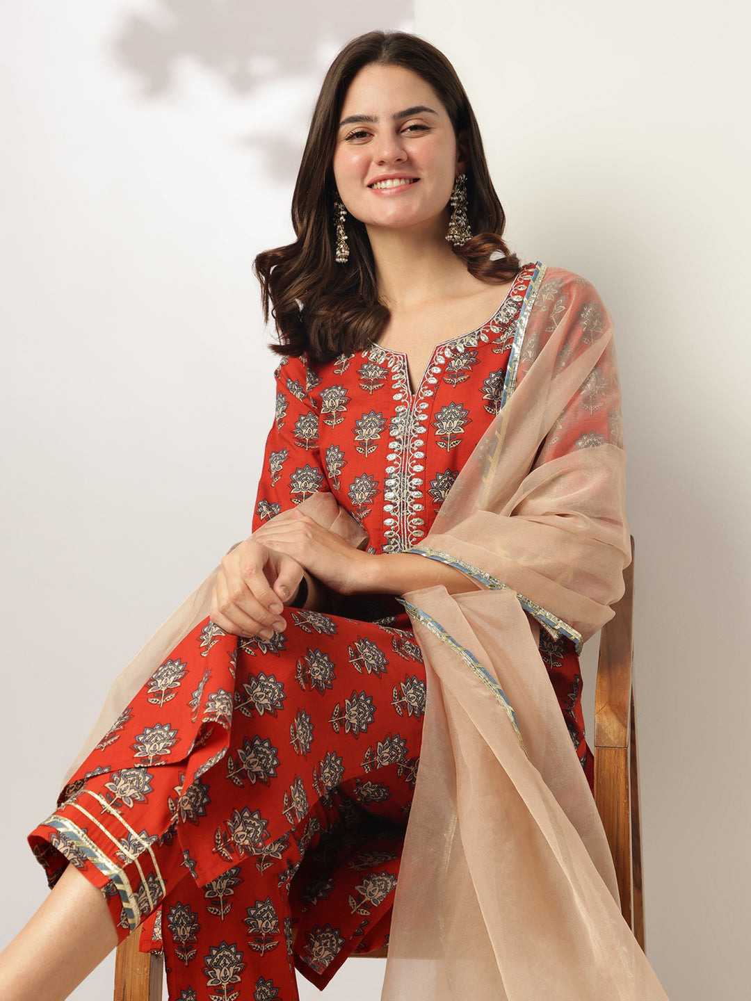 Janasya Bright Cotton Floral Straight Kurta Set 
