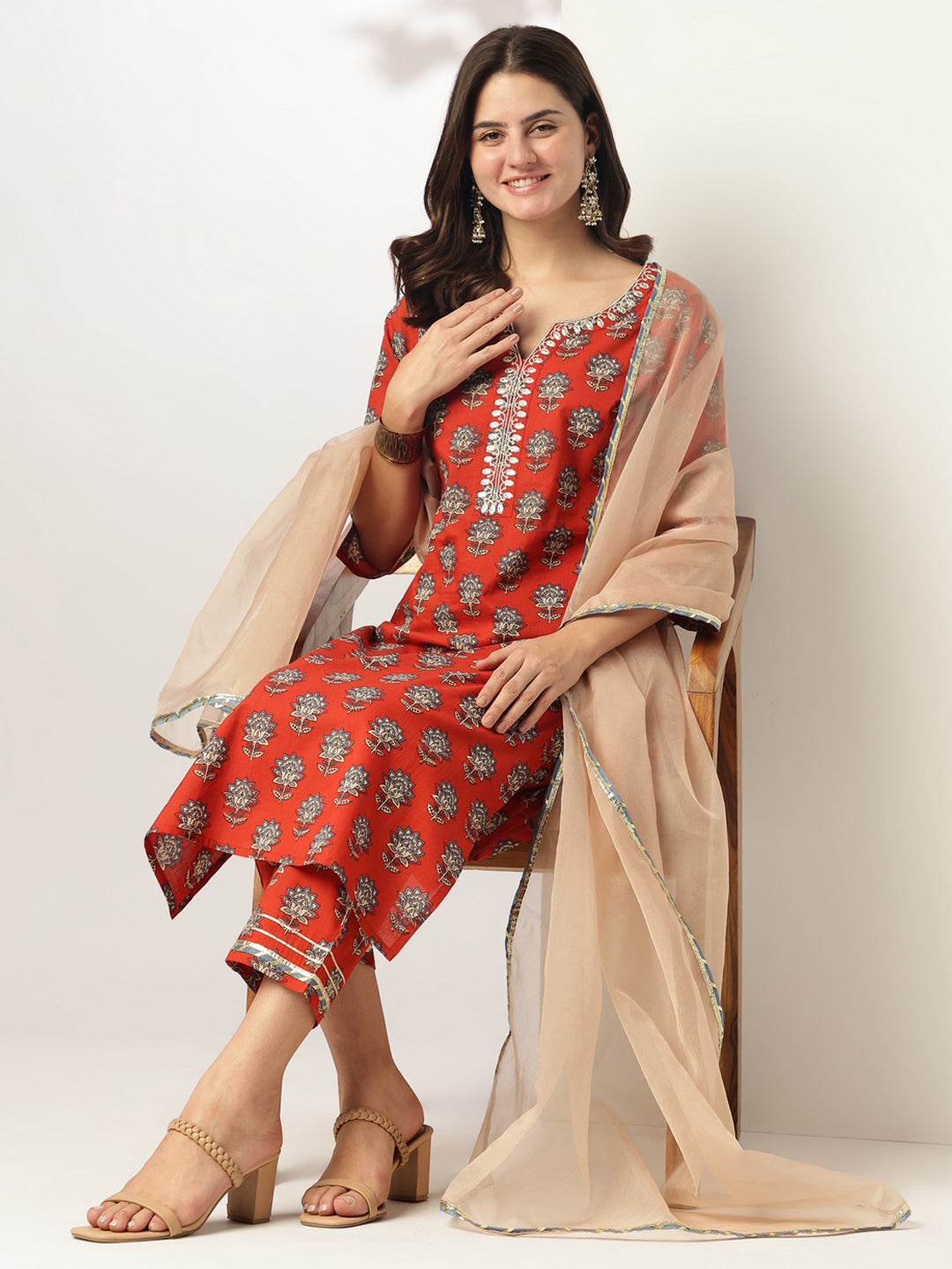 Janasya Bright Cotton Floral Straight Kurta Set 