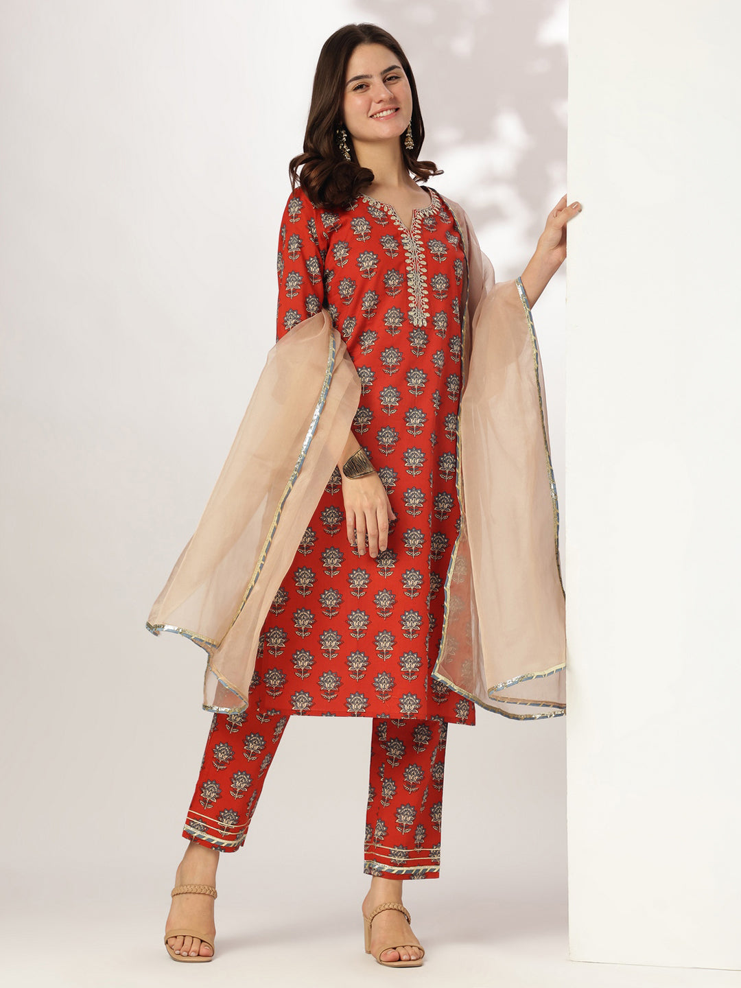 Janasya Bright Cotton Floral Straight Kurta Set 