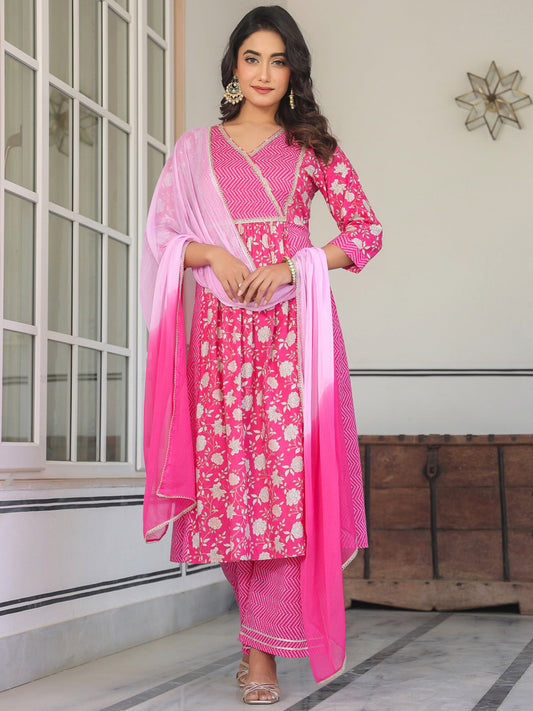 Janasya Bright Cotton Floral A-Line Kurta Set 
