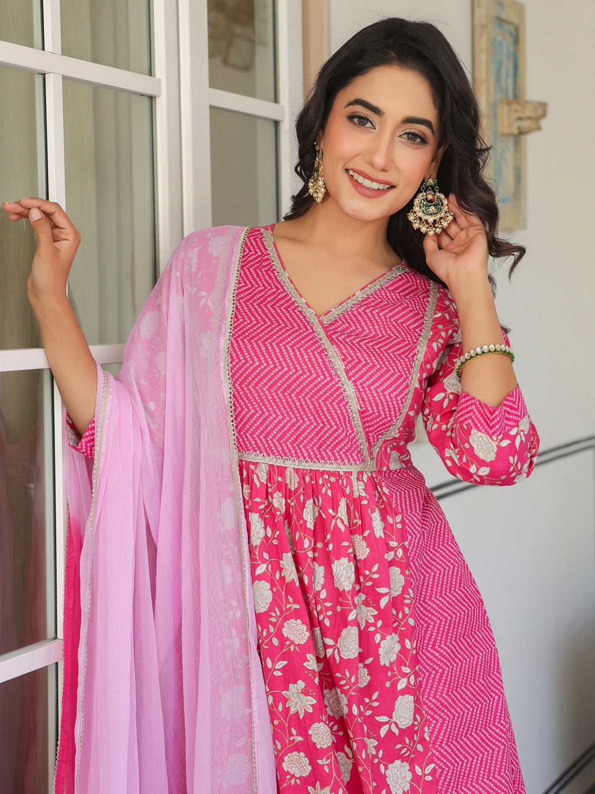 Janasya Bright Cotton Floral A-Line Kurta Set 