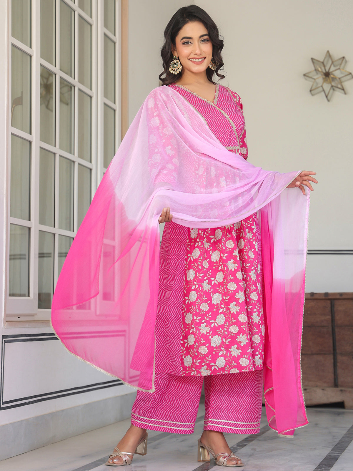 Janasya Bright Cotton Floral A-Line Kurta Set 