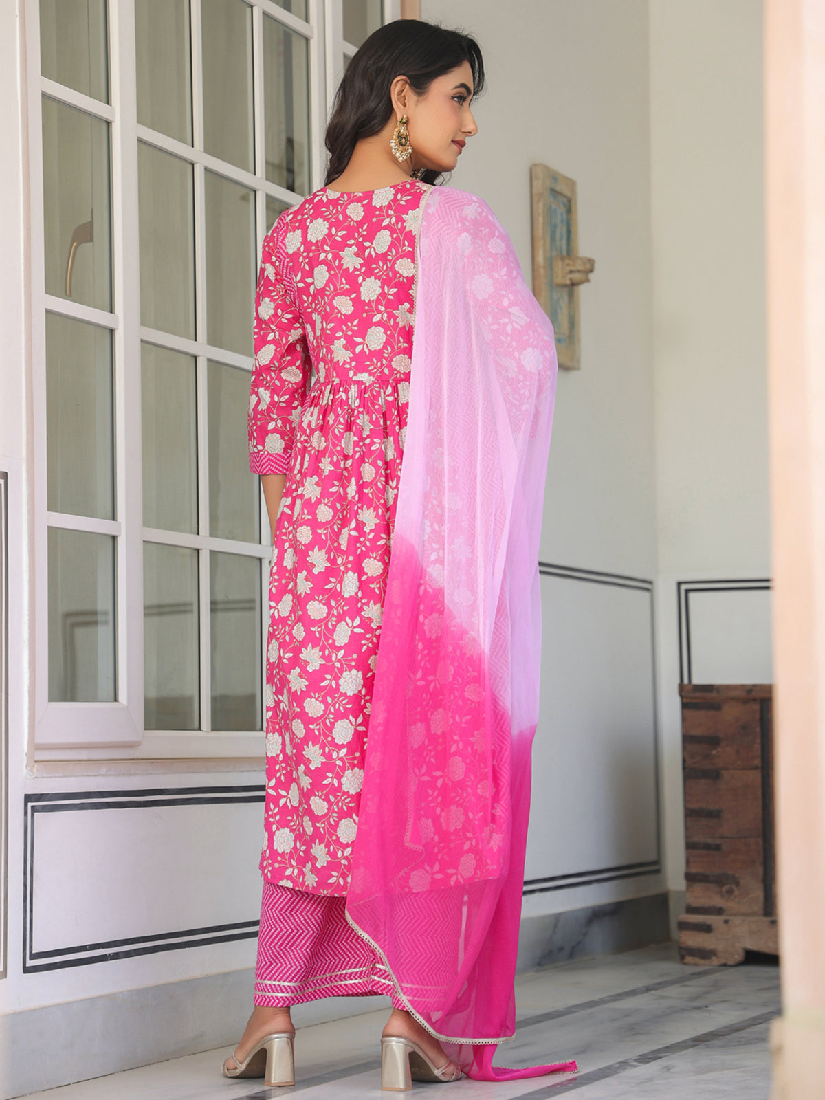 Janasya Bright Cotton Floral A-Line Kurta Set 