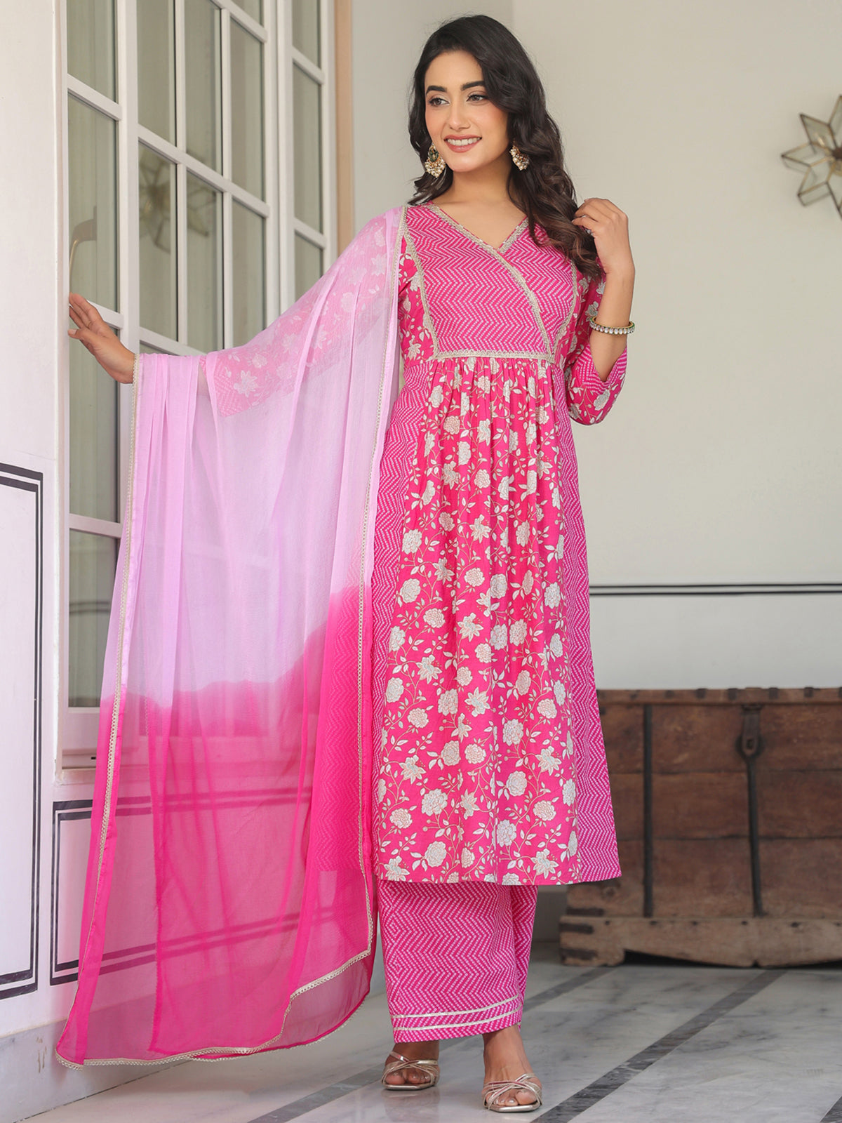Janasya Bright Cotton Floral A-Line Kurta Set 