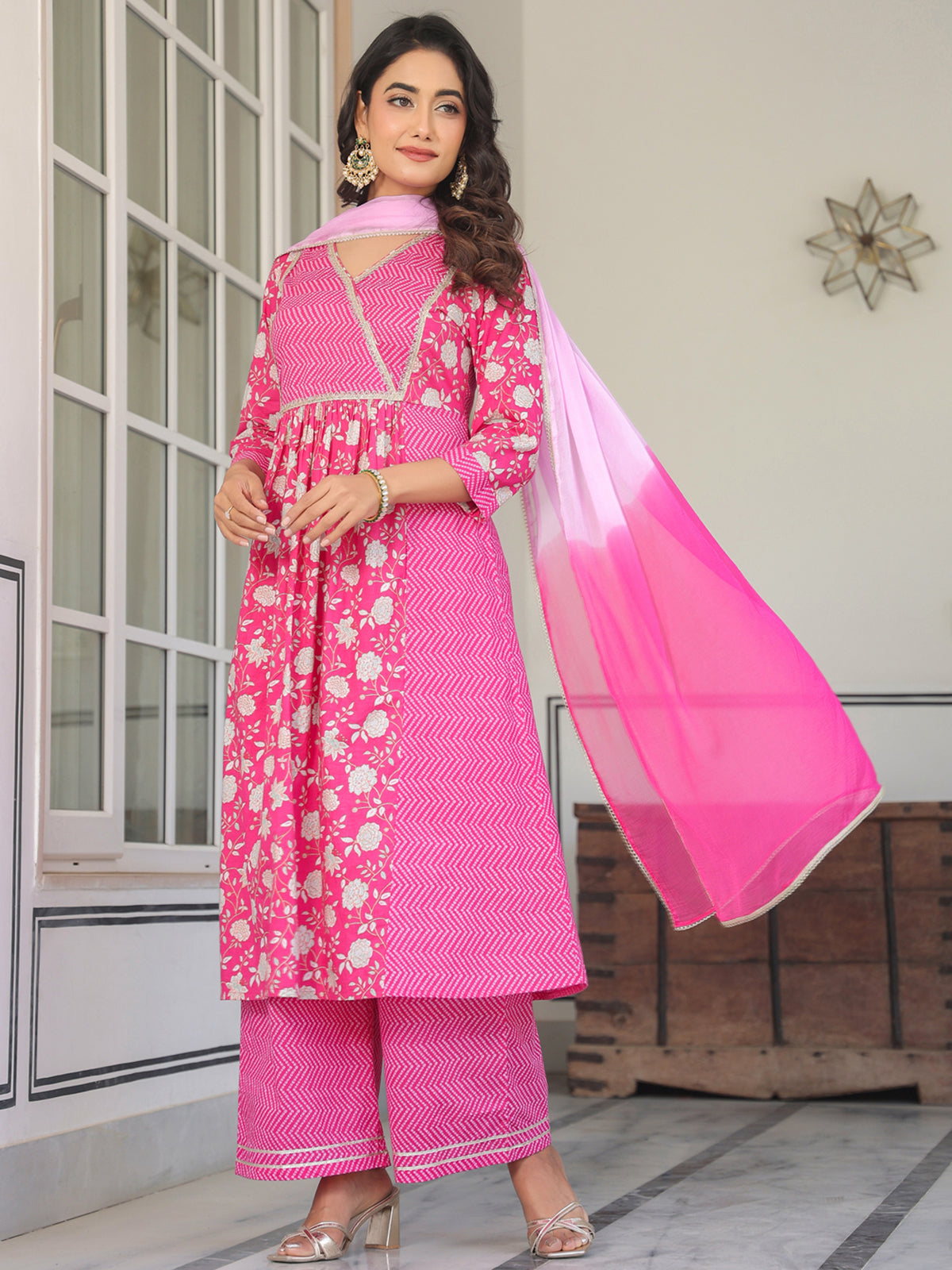 Janasya Bright Cotton Floral A-Line Kurta Set 