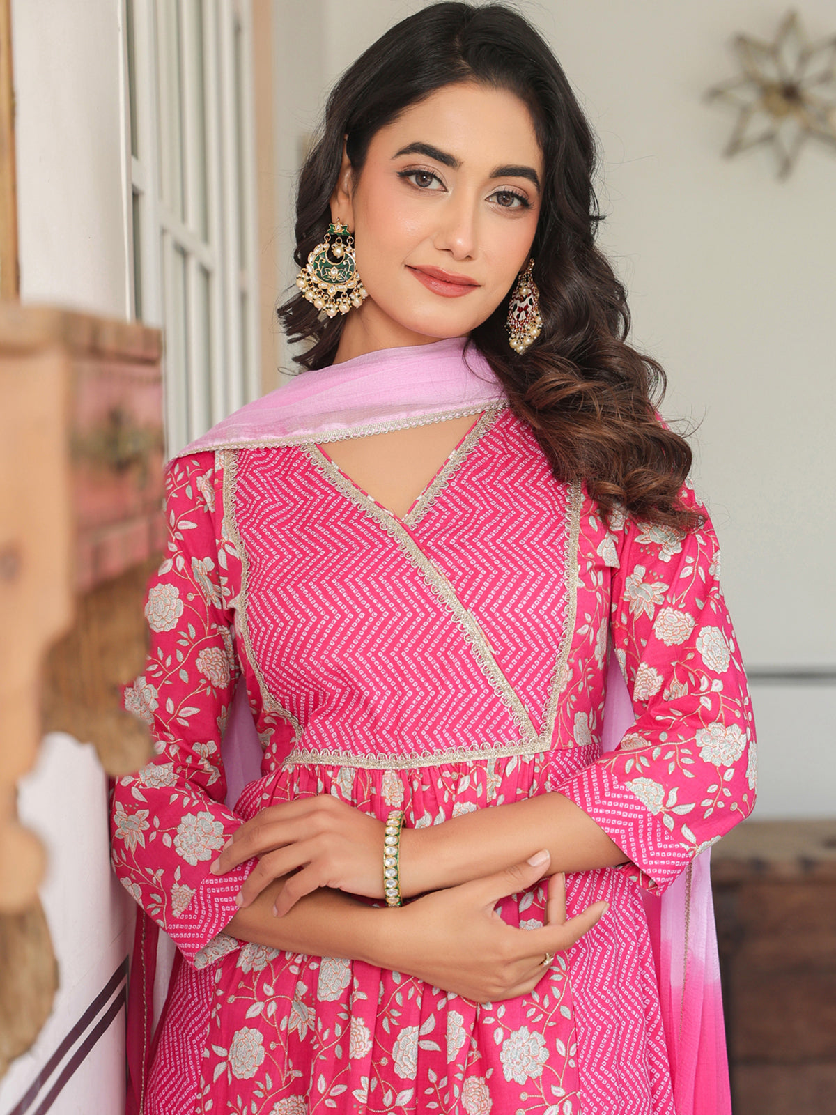 Janasya Bright Cotton Floral A-Line Kurta Set 