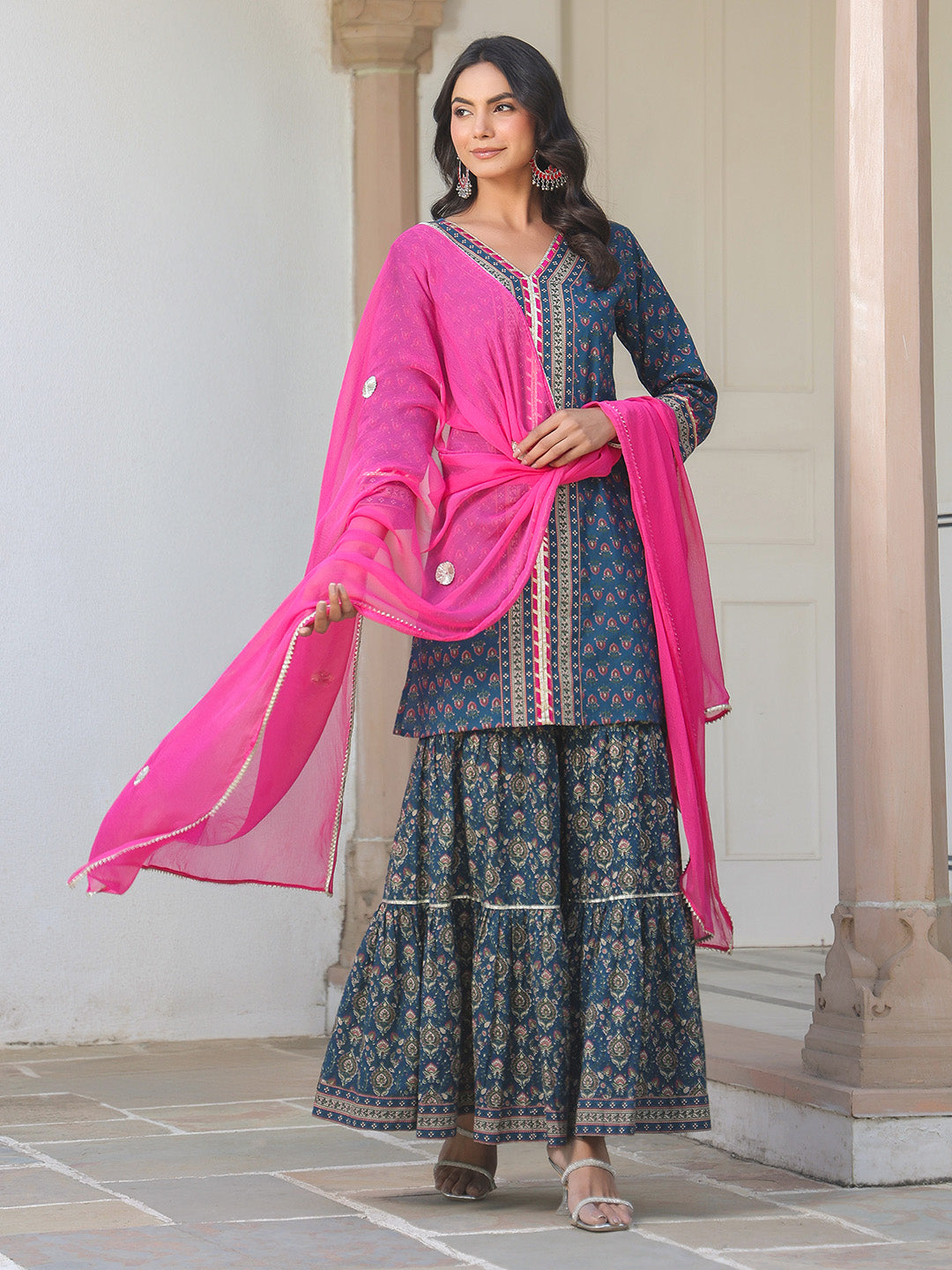 Janasya Dark Cotton Ethnic Motifs A-Line Kurta Set 