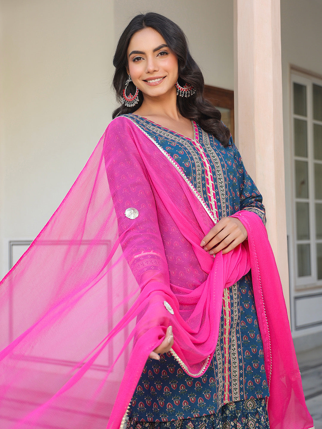 Janasya Dark Cotton Ethnic Motifs A-Line Kurta Set 