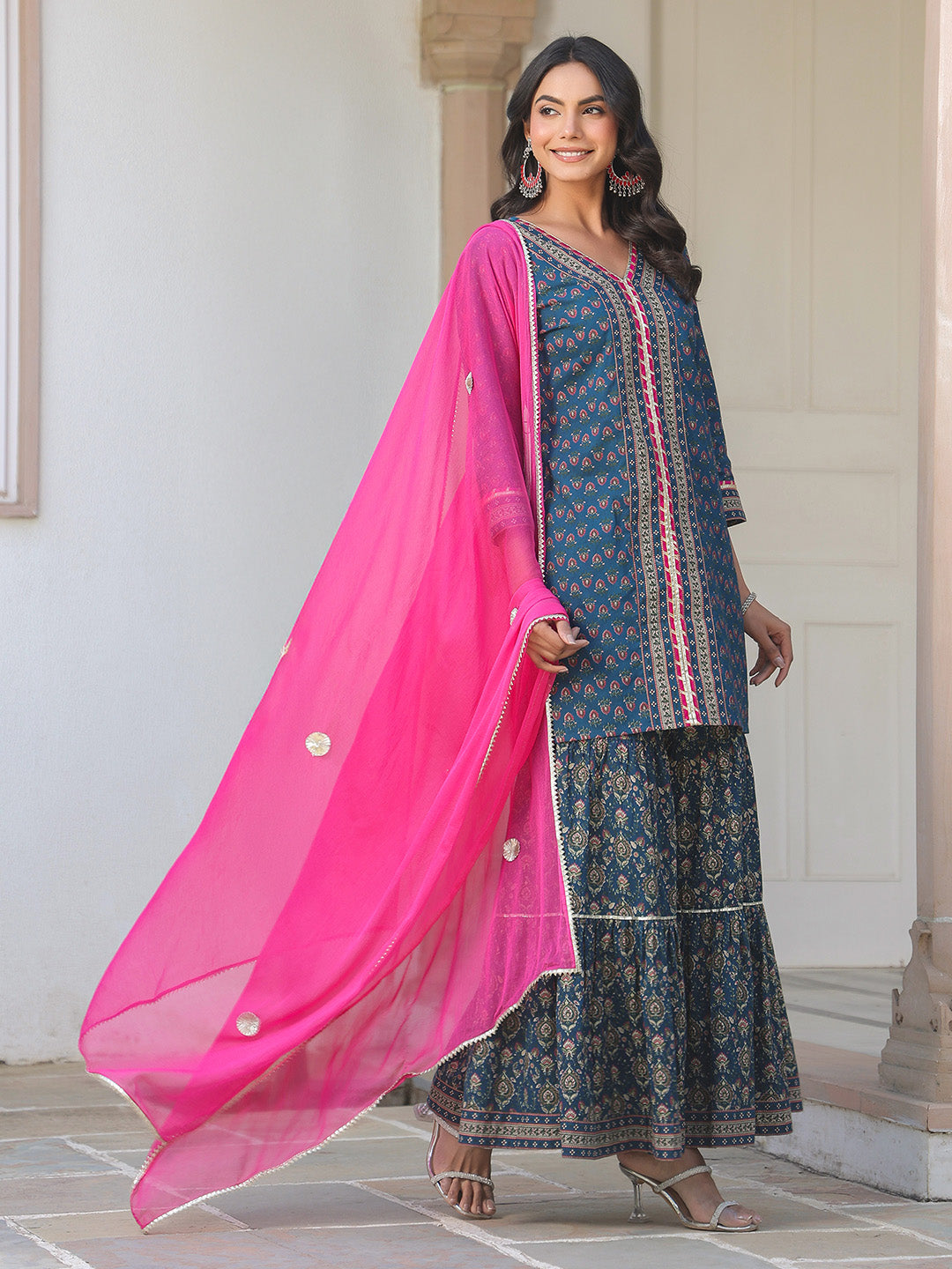 Janasya Dark Cotton Ethnic Motifs A-Line Kurta Set 