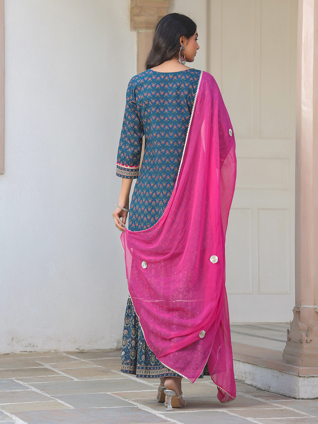 Janasya Dark Cotton Ethnic Motifs A-Line Kurta Set 
