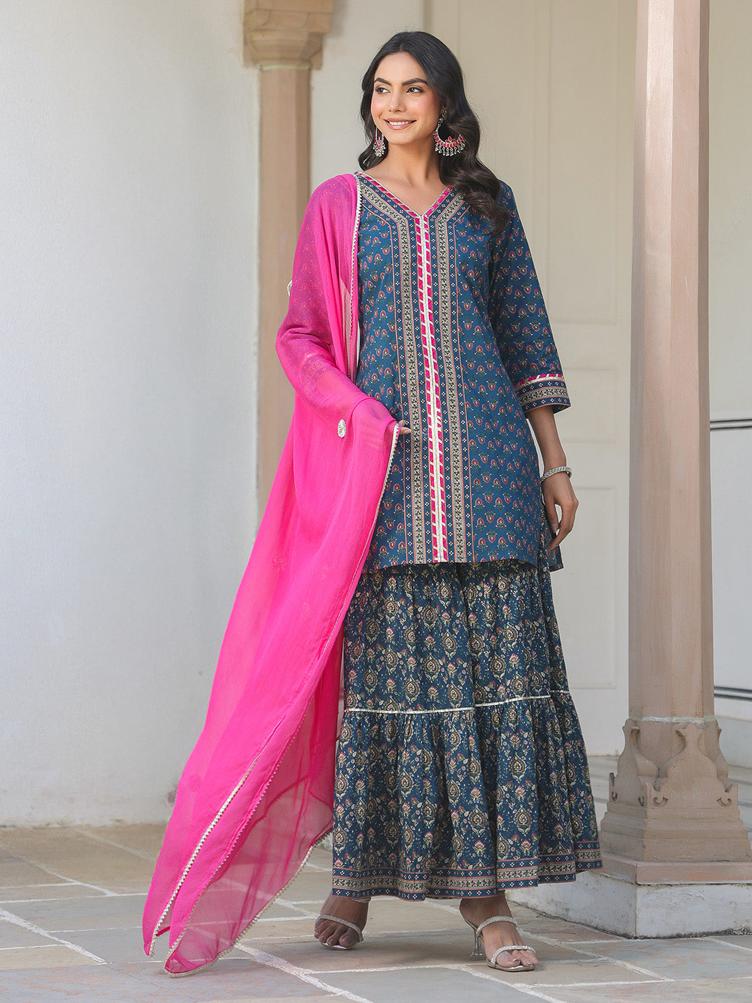Janasya Dark Cotton Ethnic Motifs A-Line Kurta Set 