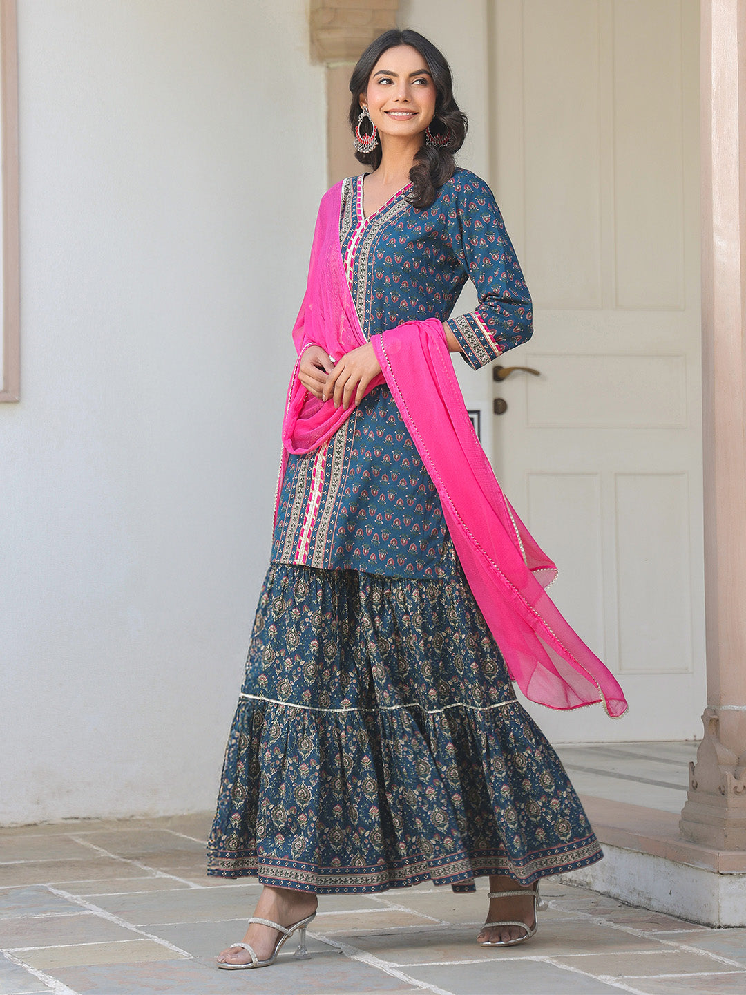 Janasya Dark Cotton Ethnic Motifs A-Line Kurta Set 