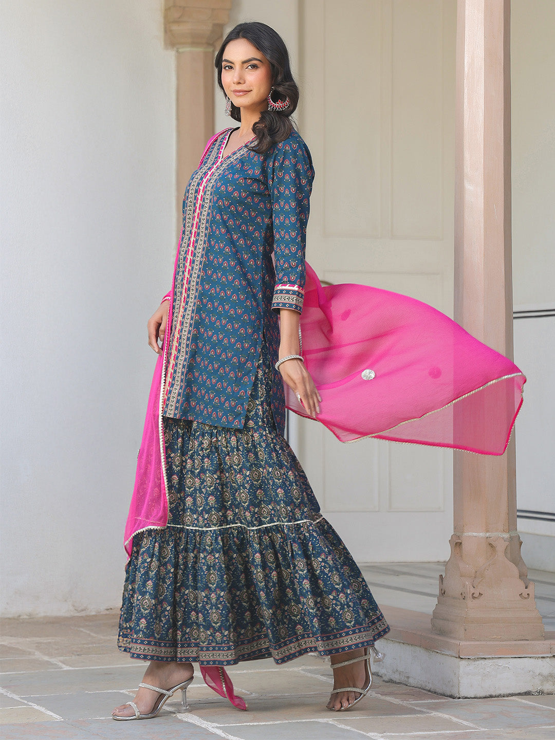 Janasya Dark Cotton Ethnic Motifs A-Line Kurta Set 