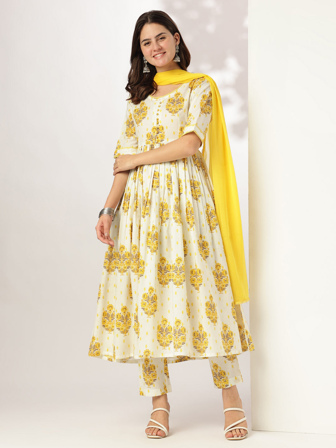 Janasya Light Cotton Floral A-Line Kurta Set 