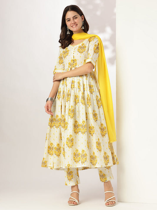 Janasya Light Cotton Floral A-Line Kurta Set 