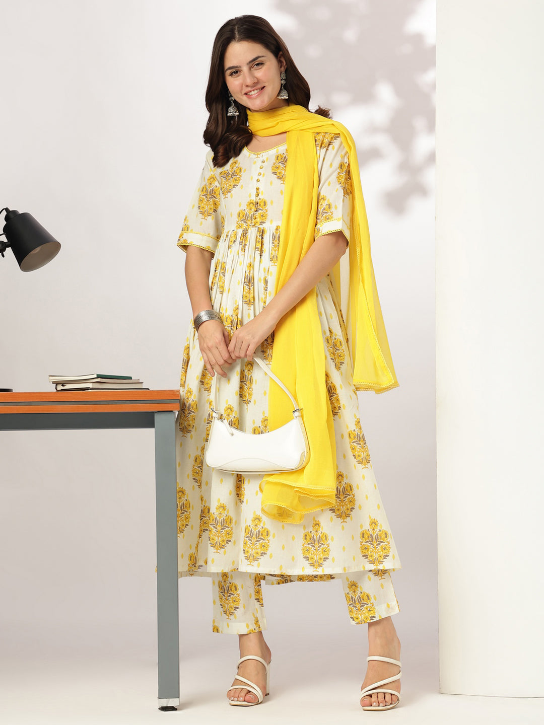 Janasya Light Cotton Floral A-Line Kurta Set 