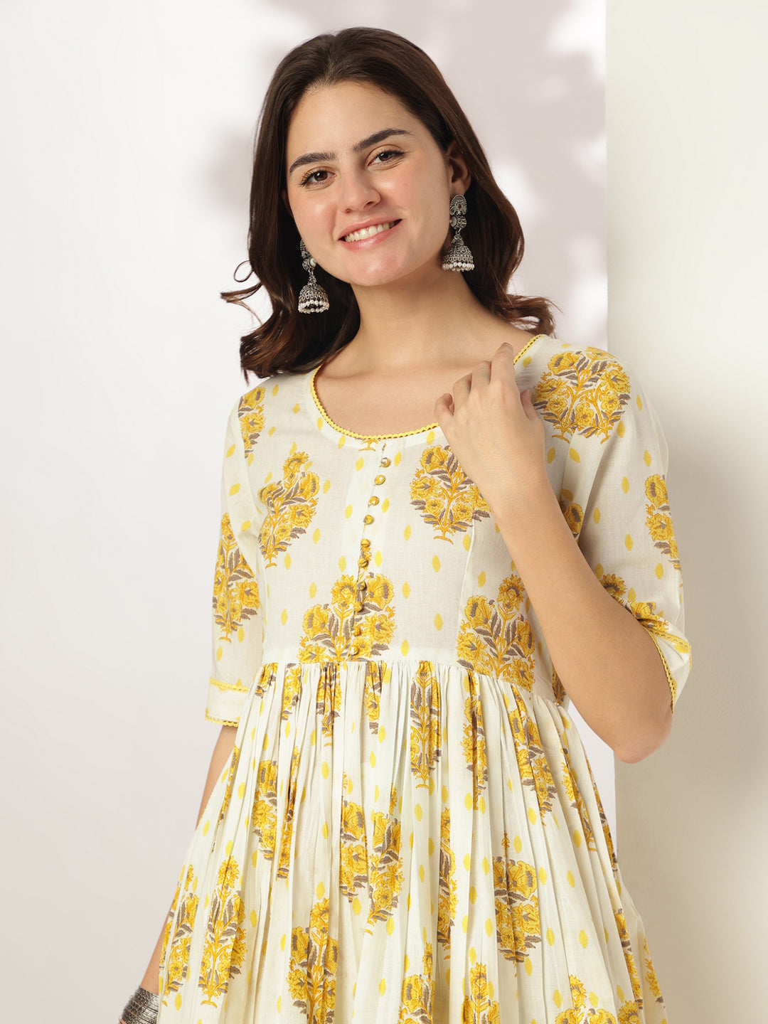 Janasya Light Cotton Floral A-Line Kurta Set 