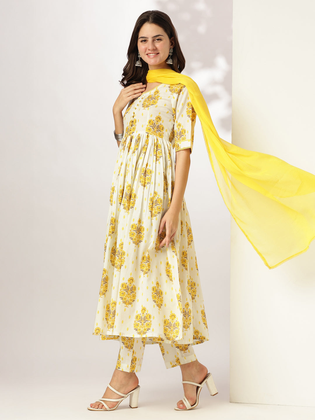 Janasya Light Cotton Floral A-Line Kurta Set 