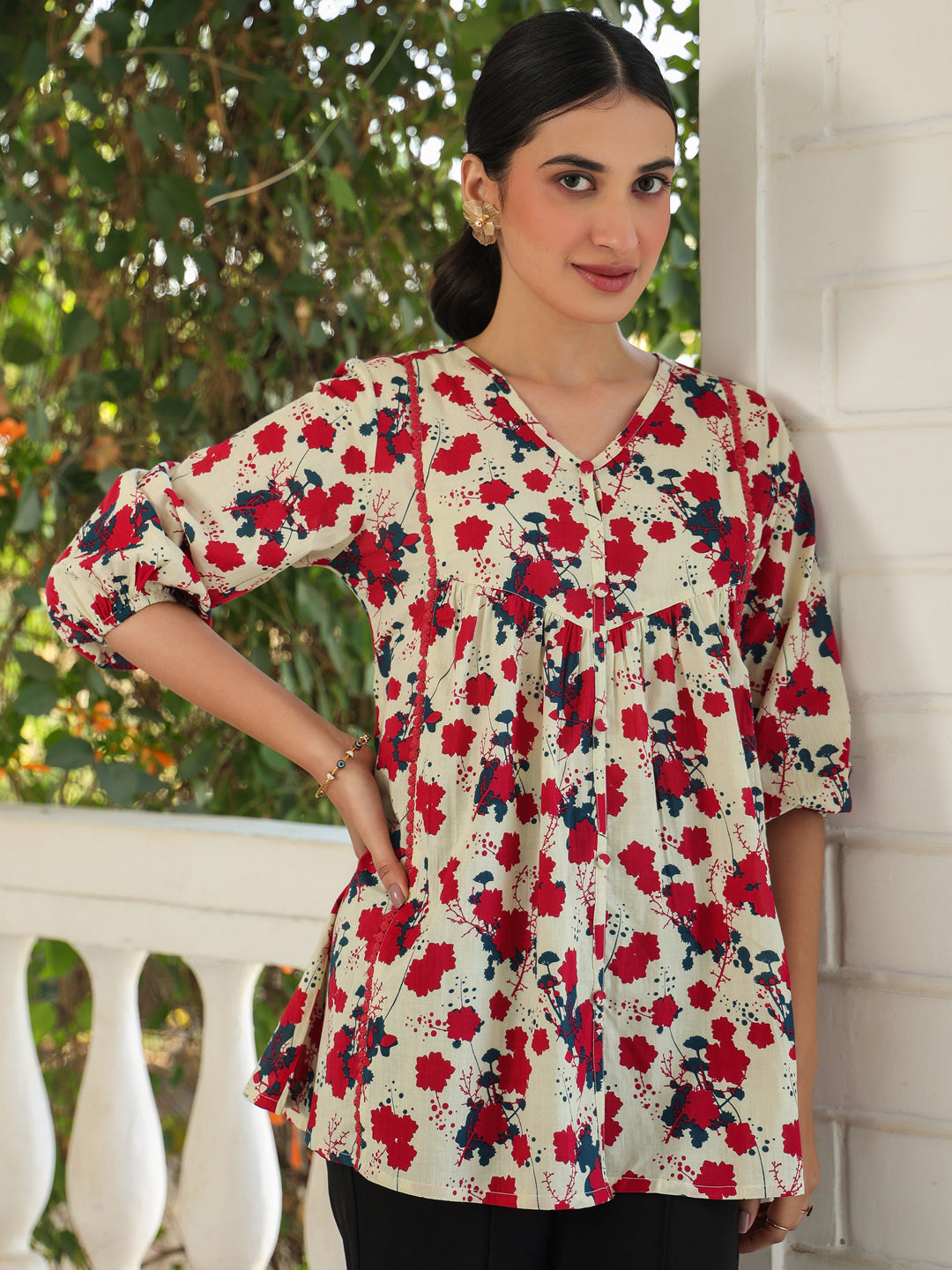 Janasya Light Cotton Floral A-Line Top 