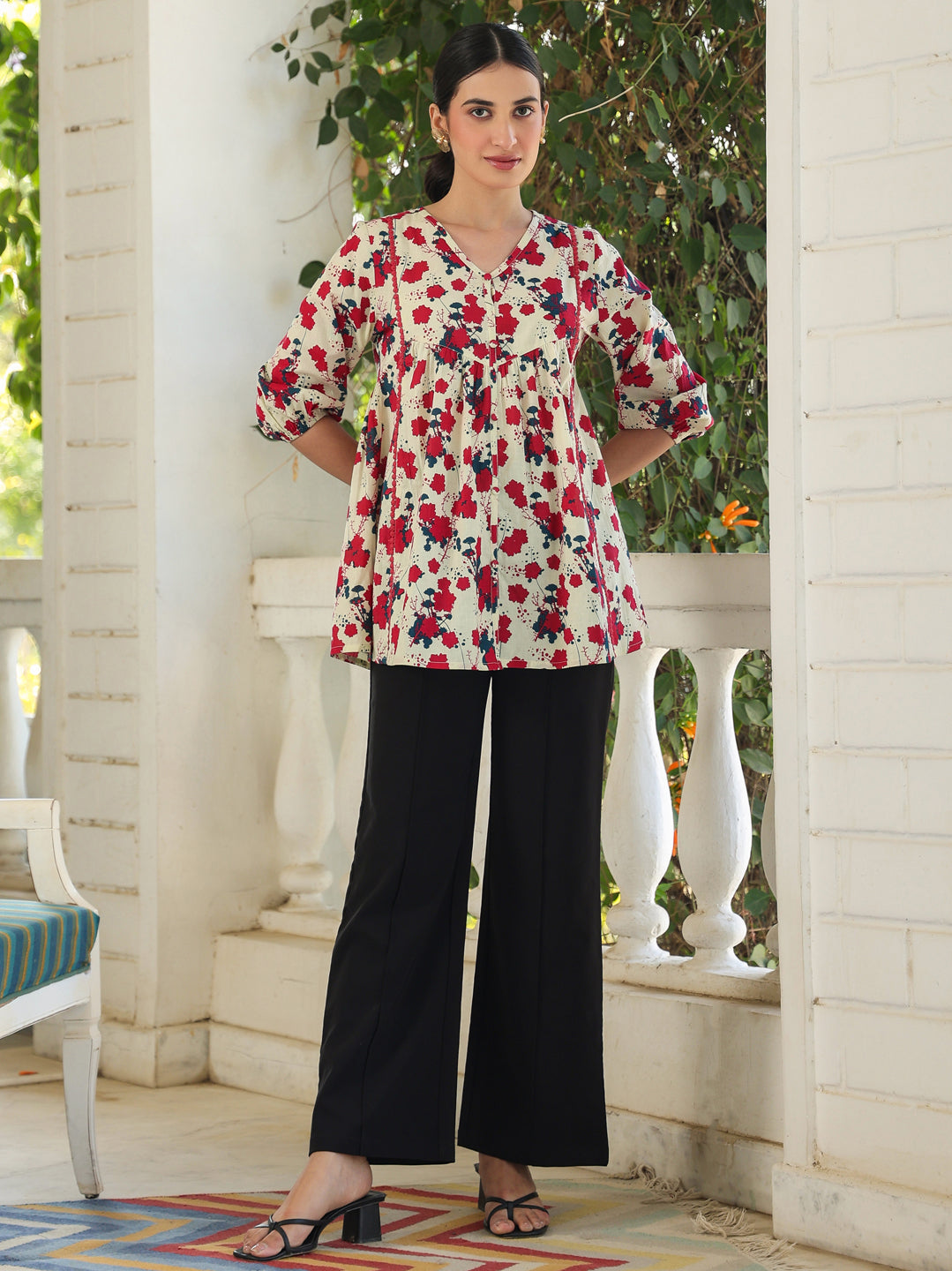Janasya Light Cotton Floral A-Line Top 