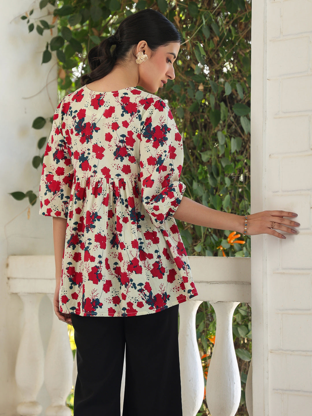 Janasya Light Cotton Floral A-Line Top 