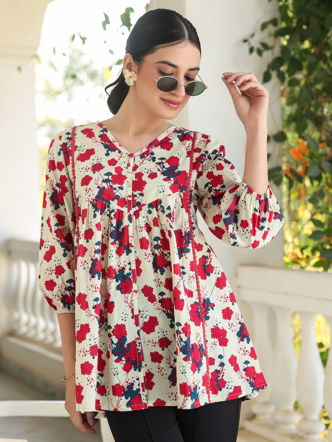 Janasya Light Cotton Floral A-Line Top 