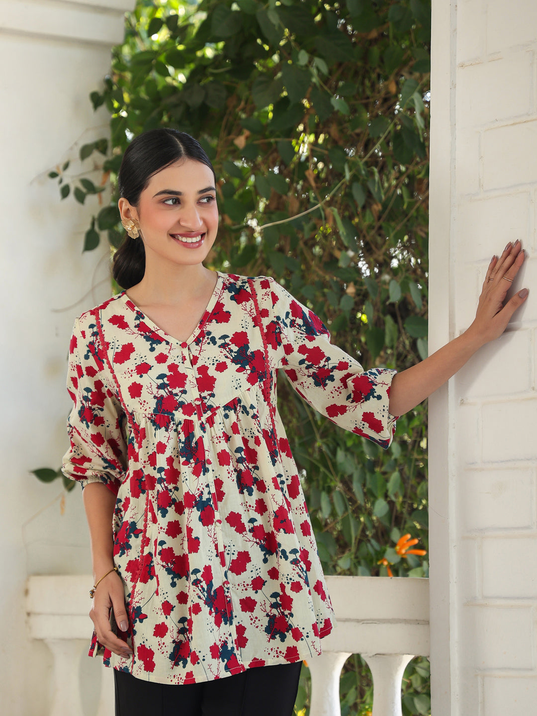 Janasya Light Cotton Floral A-Line Top 