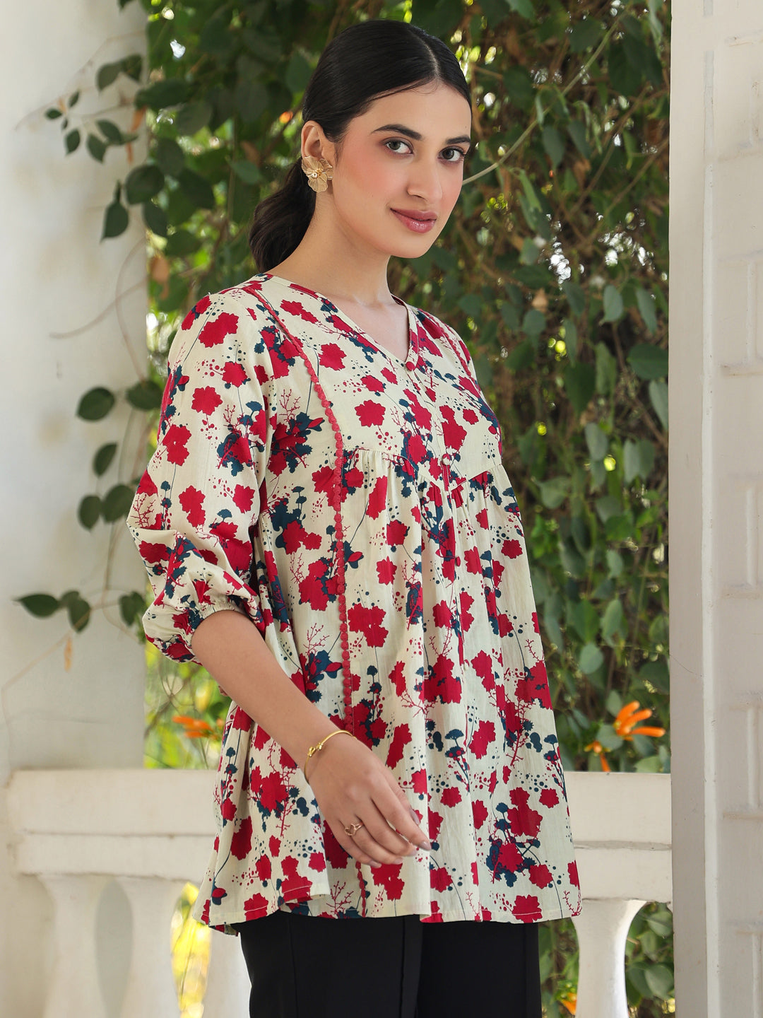 Janasya Light Cotton Floral A-Line Top 