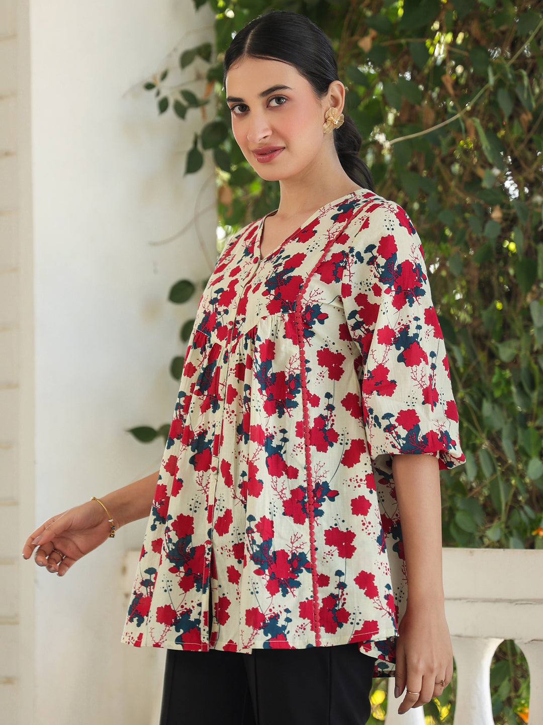 Janasya Light Cotton Floral A-Line Top 