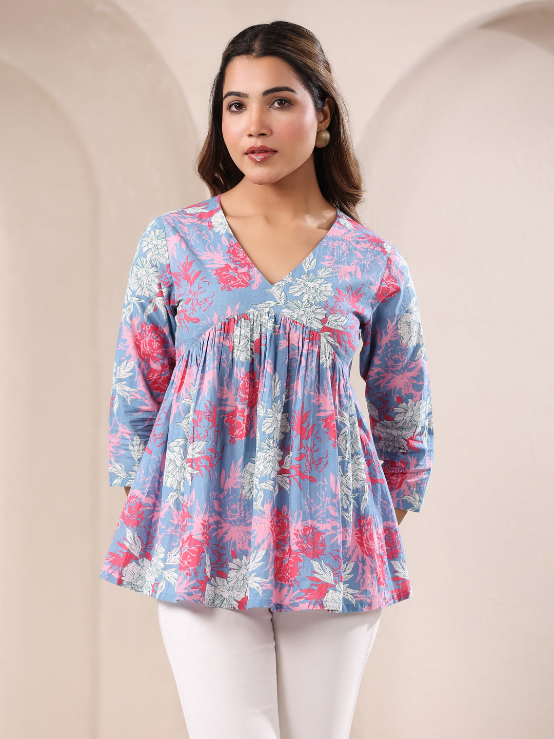 Janasya Light Cotton Floral A-Line Top 
