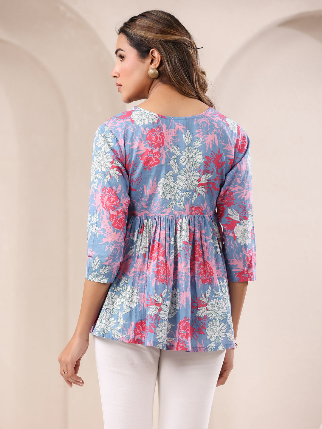 Janasya Light Cotton Floral A-Line Top 