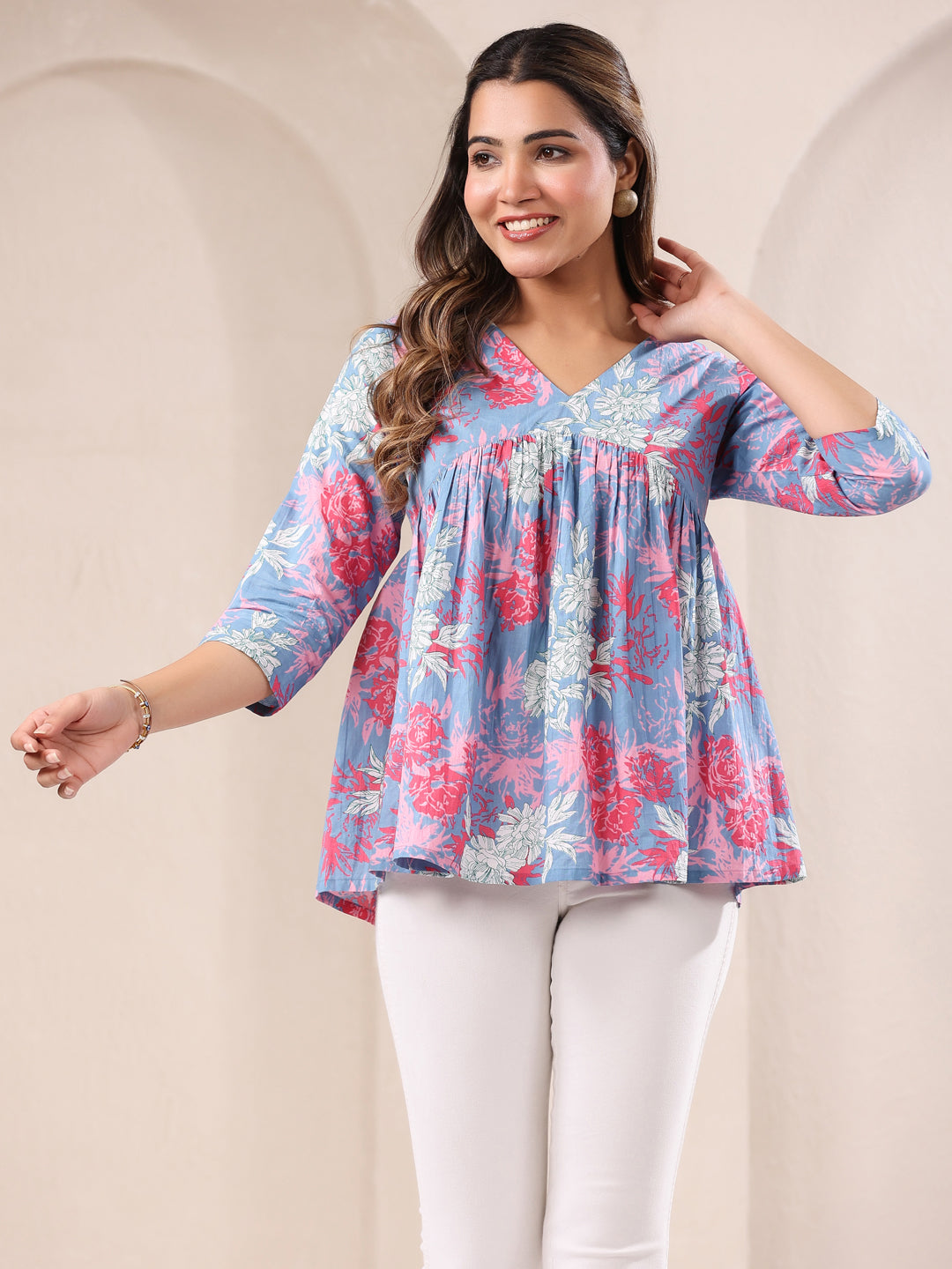 Janasya Light Cotton Floral A-Line Top 