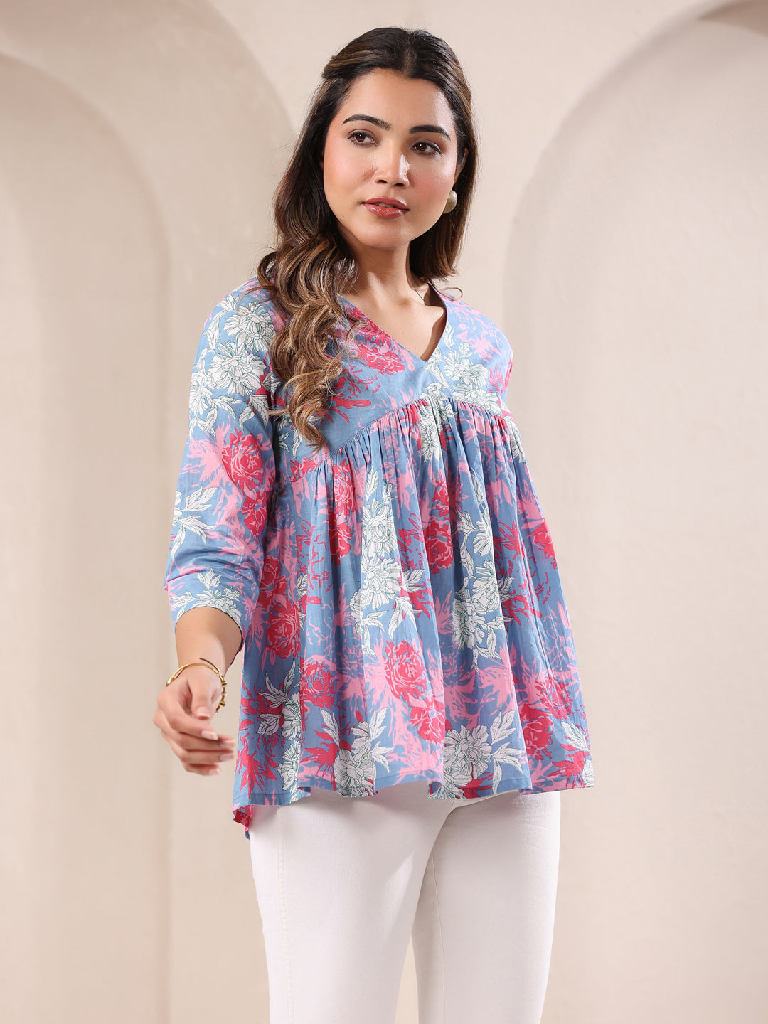 Janasya Light Cotton Floral A-Line Top 