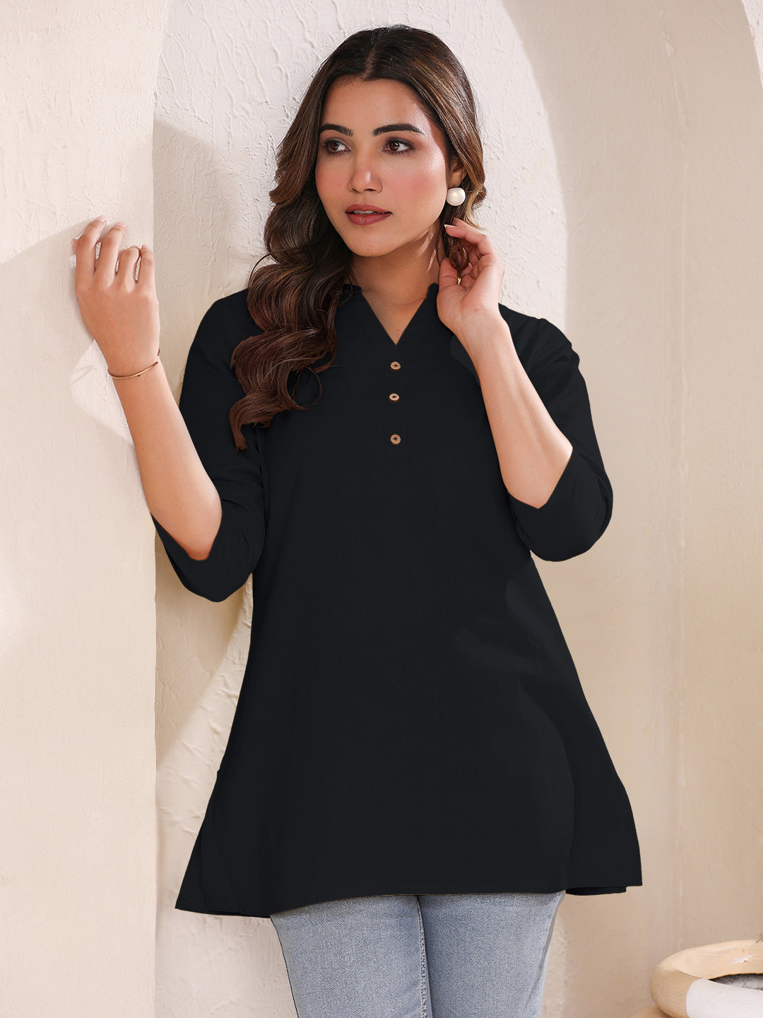 Janasya Light Cotton Solid A-Line Top 
