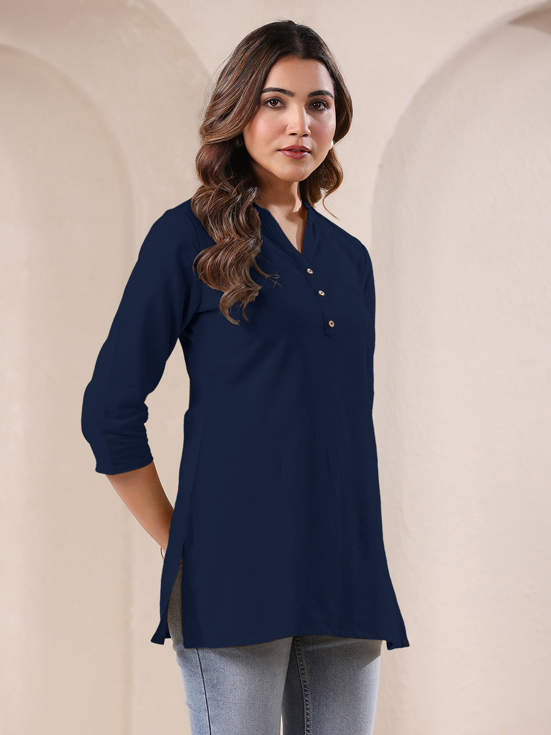 Janasya Dark Cotton Solid A-Line Top 