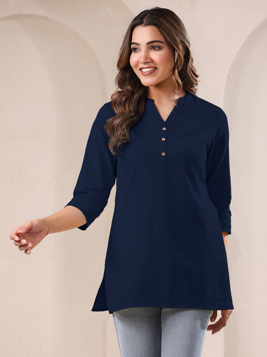 Janasya Dark Cotton Solid A-Line Top 