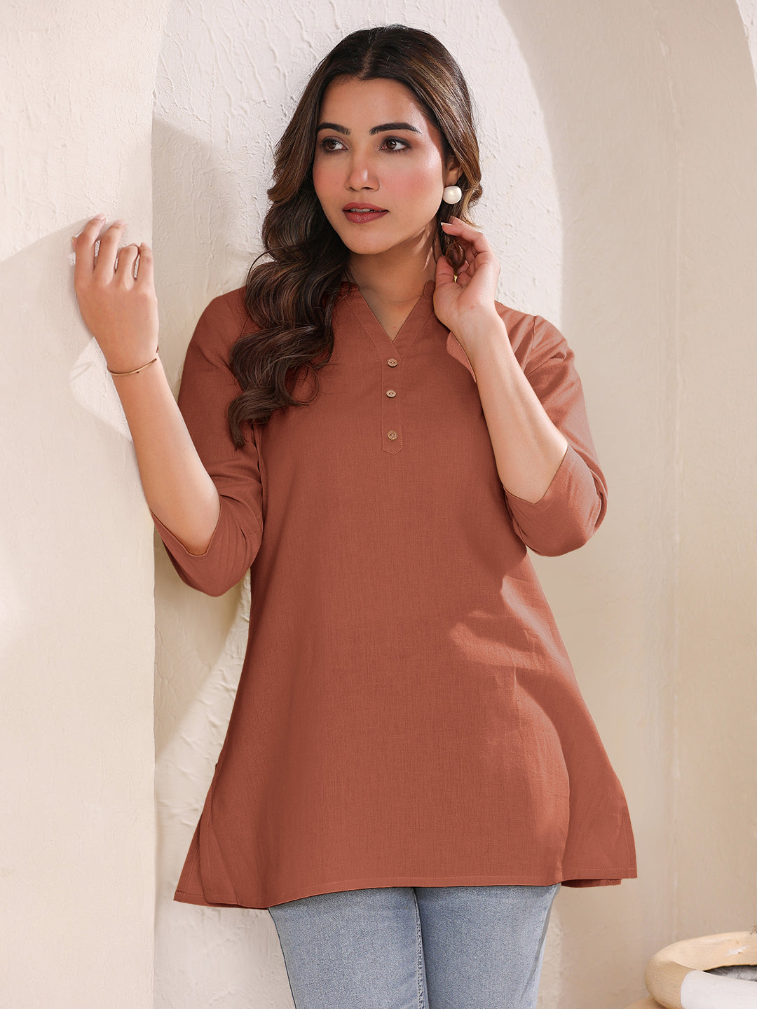 Janasya Dark Cotton Solid A-Line Top 