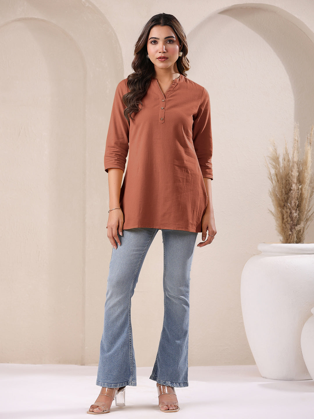 Janasya Dark Cotton Solid A-Line Top 