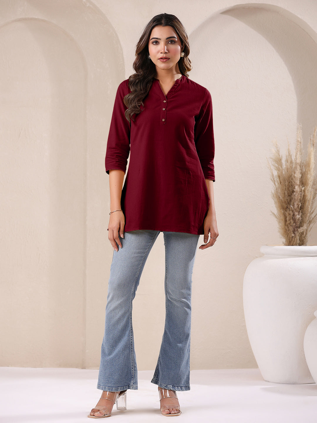 Janasya Dark Cotton Solid Straight TOP 