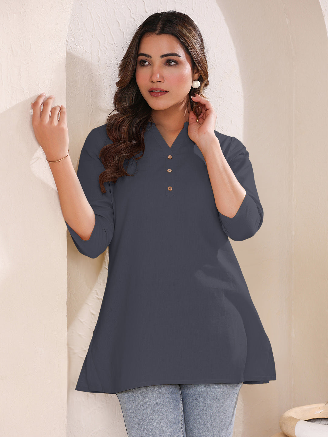Janasya Light Cotton Solid A-Line Top 