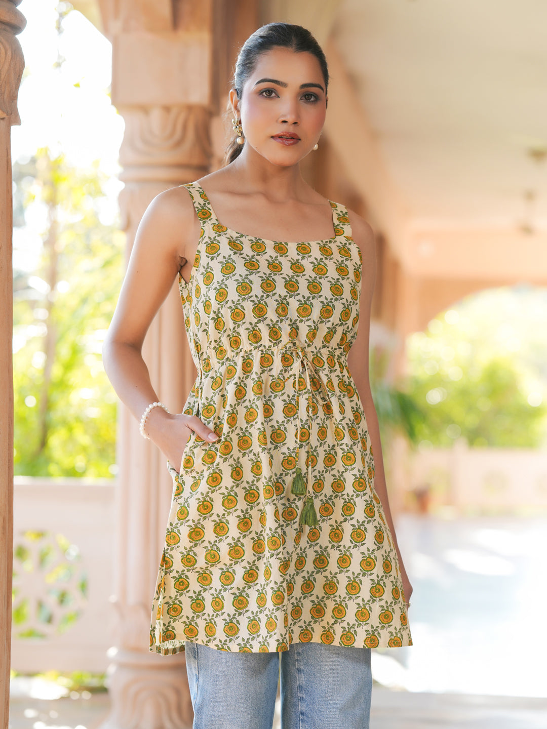 Janasya Light Cotton Floral A-Line Tunic 