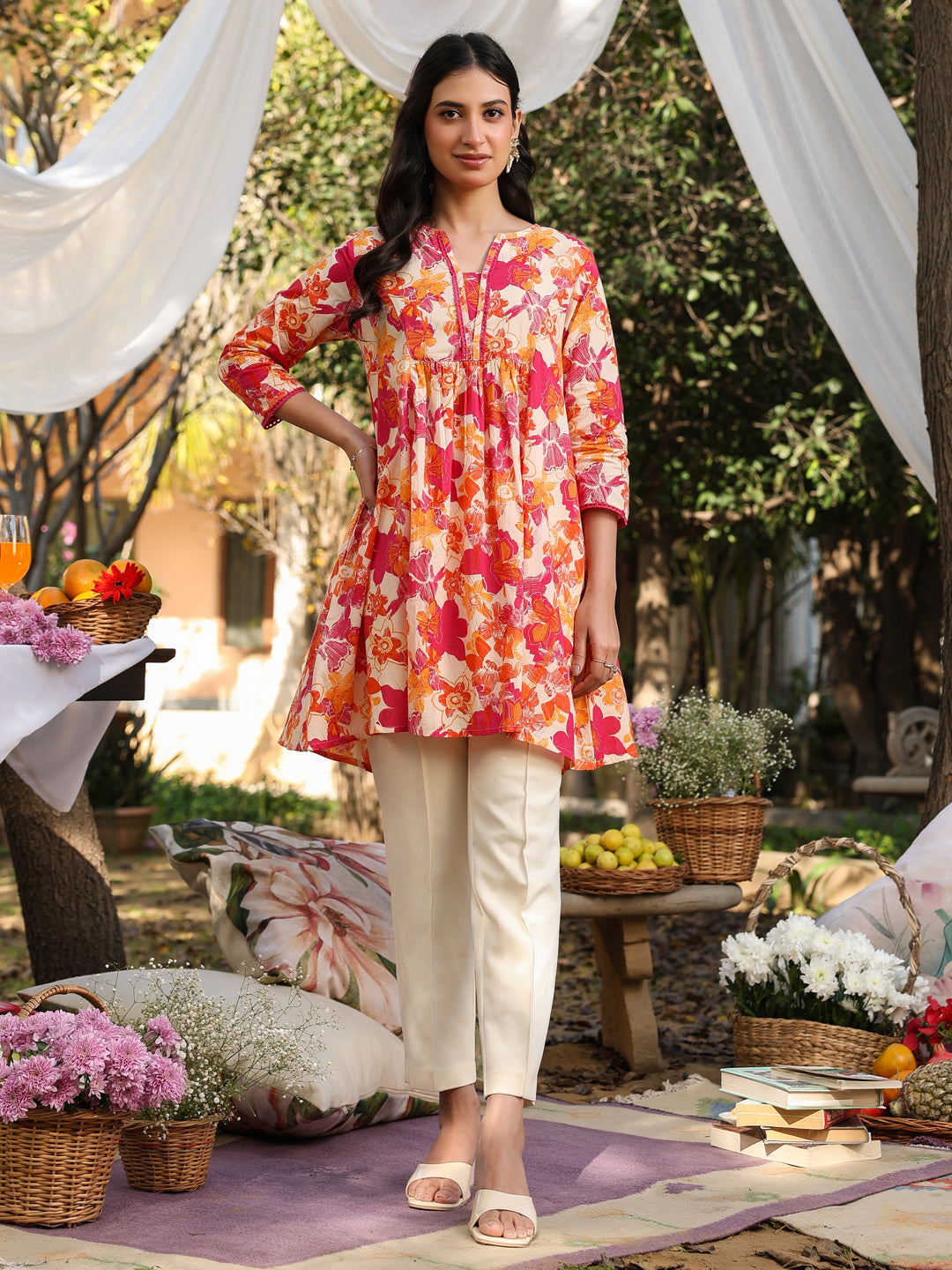 Janasya Bright Cotton Floral A-Line Tunic 