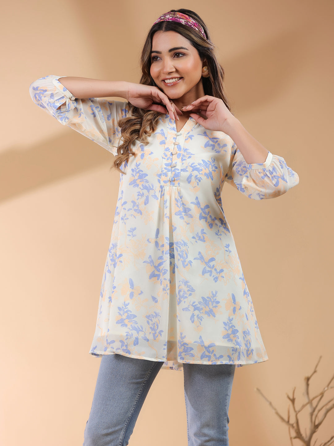 Janasya Light Georgette Floral A-Line Tunic 
